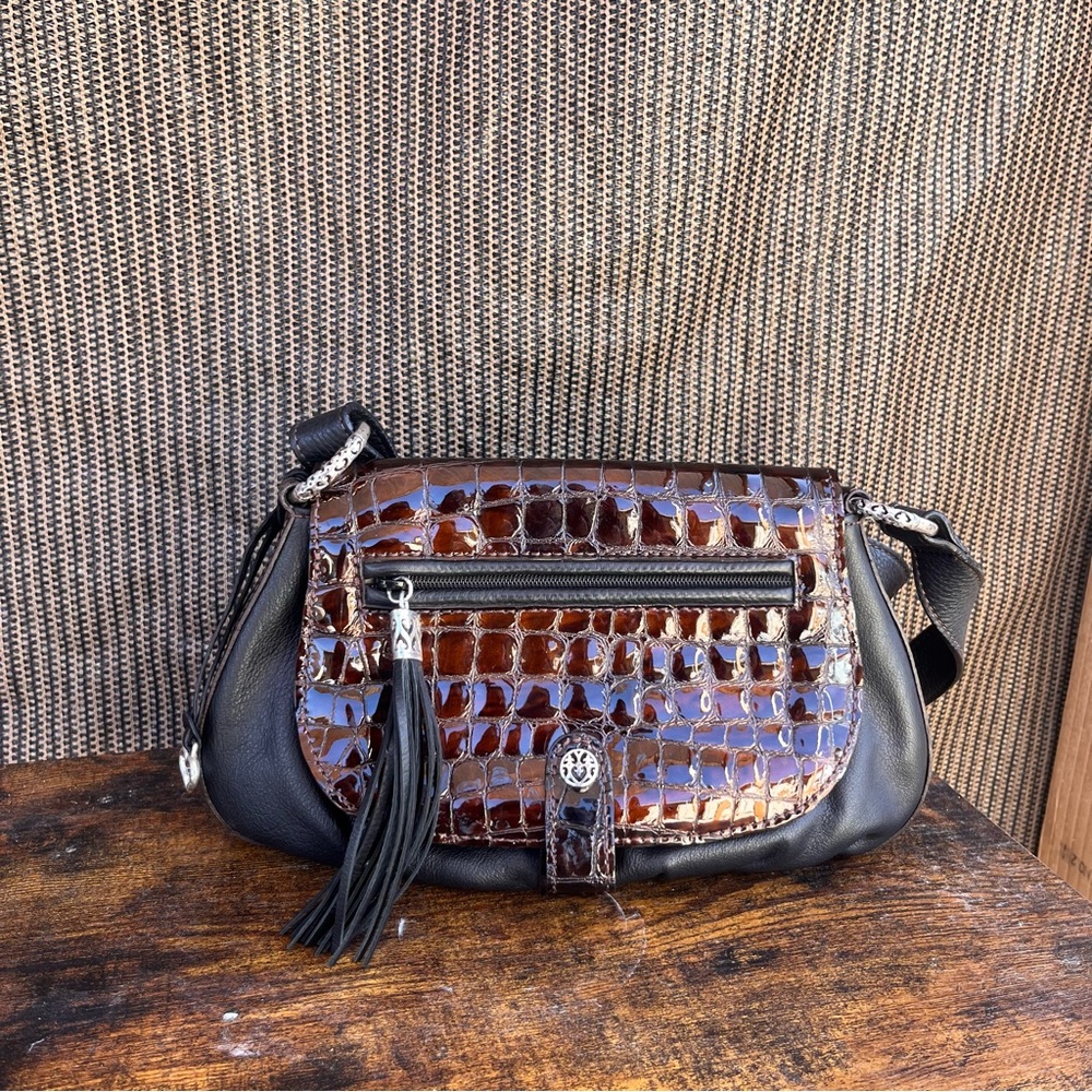 Brighton Black Leather Crossbody with Brown Croc-Embossed Flap